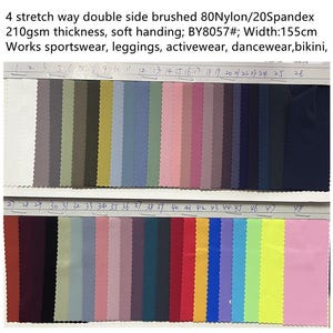 May include: Swatch card of 48 fabric samples. The fabric is a stretch, double-sided brushed knit with 80% nylon and 20% spandex. The fabric is 210gsm thick and has a soft hand. The fabric is 155cm wide. The fabric is suitable for sportswear, leggings, activewear, dancewear, and bikinis.