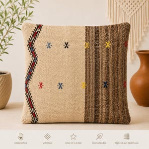 Turkish Kilim Pillow Cover - Vintage Anatolian Rug Cushion -  Boho Outdoor Sofa Decor - Handmade authentic kilim 16"x16"