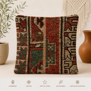 Turkish Kilim Pillow Cover - Vintage Anatolian Rug Cushion -  Boho Outdoor Sofa Decor - Handmade authentic kilim 16"x16"