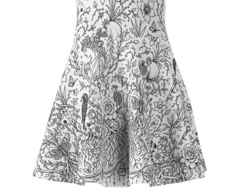 May include: A white skater skirt featuring a detailed black ink-style illustration. The pattern includes a female figure, pomegranates, roses, daffodils, butterflies, a raven, keys, and skeletal elements intertwined with thorny vines and branches.