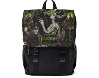 May include: A black backpack featuring a flap with a graphic illustration of Frankenstein and his bride surrounded by laboratory glassware, books, and green lightning. The text Frankenstein or The Modern Prometheus is printed on the front flap.