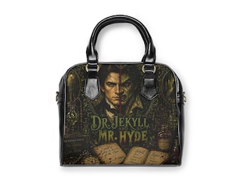 May include: A black handbag featuring a graphic print of Dr. Jekyll and Mr. Hyde. The design includes a split-face portrait, open books, and laboratory glassware in shades of gold, green, and black. The text reads Dr. Jekyll and Mr. Hyde.