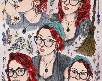 May include: A digital illustration featuring multiple portraits of a person with vibrant red hair, black-rimmed glasses, and facial piercings. The composition includes botanical elements, crystals, a broom, a candle, and moon phases in a sketch style.