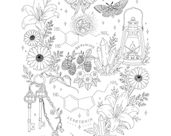 May include: A black and white line art illustration featuring moths, lilies, daisies, blackberries, crystals, a lantern, and keys. The composition includes chemical structures labeled Dopamine and Serotonin, surrounded by small star icons.