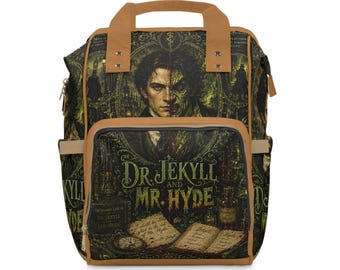 May include: A backpack featuring a Dr. Jekyll and Mr. Hyde graphic print in shades of green, black, and tan. The design includes a split-faced portrait, a book, a pocket watch, and the text Dr. Jekyll and Mr. Hyde. It has tan straps and trim.