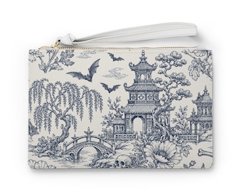 Blue Toile Pagoda clutch bag | Asian landscape floral print