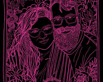 May include: A black and neon pink line art illustration depicting two people in a tarot card style. The design features a central couple, a snake, foliage, a sun, and a heart emblem at the bottom with the text THE LOVERS printed below it.