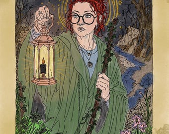 May include: A tarot card illustration titled THE HERMIT featuring a person with red hair and glasses wearing a green cloak. They hold a lit lantern in one hand and a vine-covered wooden staff in the other, standing amidst plants and trees.