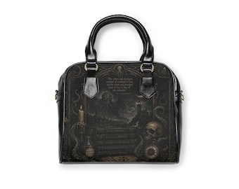 May include: A black handbag featuring a gothic-style graphic print of a lighthouse, a skull, a candle, and tentacles. The text reads: The oldest and strongest emotion of mankind is fear, and the oldest and strongest kind of fear is fear of the unknown.