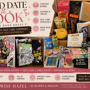 May include: A curated mystery book box with books, goodies, and self-care items. The box includes a variety of items such as snacks, tea, candles, and books. The text on the box reads "Blind Date with a Book".
