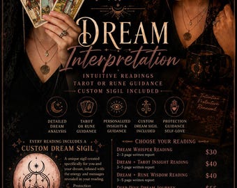 May include: A dark-themed informational flyer for dream interpretation services featuring text that reads Dream Interpretation, Intuitive Readings, Tarot or Rune Guidance, and Custom Sigil Included. The design includes icons for analysis, guidance, and protection, alongside a list of reading options and add-ons.