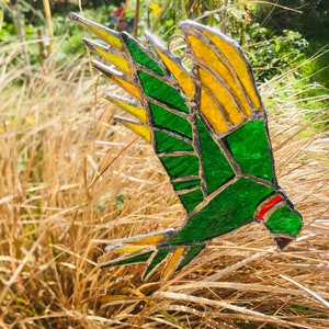 Green Parakeet sun-catcher copper foil stained glass bird