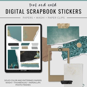 Teal and Gold Digital Scrapbook Stickers / Digital Stickers / Stationary Stickers / Paper Clips / Torn Paper / Photo Frames