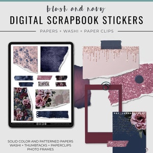 Adesivi per album digitali Blush e Navy / Adesivi digitali / Adesivi stazionari / Graffette / Carta strappata / Cornici per foto / Floreali