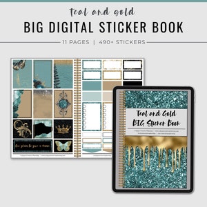 May include: Teal and gold digital sticker book with 11 pages and over 490 stickers. The cover features a teal and gold glitter design with gold drips. The book includes PNG stickers with transparent backgrounds and a Goodnotes file with cropped images.