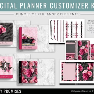 Peony Promises Digital Planner Customizer Bundle / Digital Binder Rings / Digital Stickers / Digital Planner Cover / Accessory Stickers