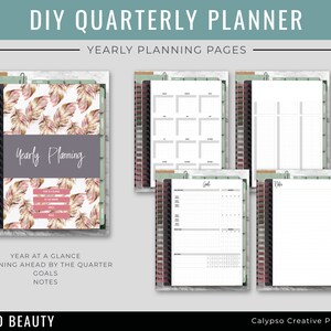 May include: A printable planner with a boho aesthetic featuring a watercolor feather pattern. The planner includes pages for yearly planning, goals, and notes. The text "DIY Quarterly Planner" and "Yearly Planning Pages" is at the top of the image.