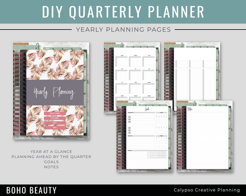 May include: A printable planner with a boho aesthetic featuring a watercolor feather pattern. The planner includes pages for yearly planning, goals, and notes. The text "DIY Quarterly Planner" and "Yearly Planning Pages" is at the top of the image.