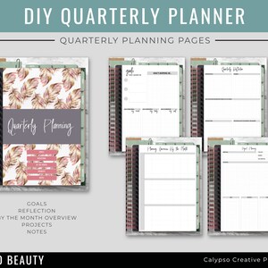 May include: A printable DIY quarterly planner with a boho aesthetic. The cover features a watercolor design of feathers in shades of pink, brown, and gold. The planner includes pages for goals, reflection, monthly overview, projects, and notes.