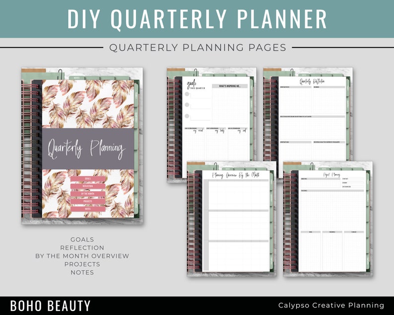May include: A printable DIY quarterly planner with a boho aesthetic. The cover features a watercolor design of feathers in shades of pink, brown, and gold. The planner includes pages for goals, reflection, monthly overview, projects, and notes.