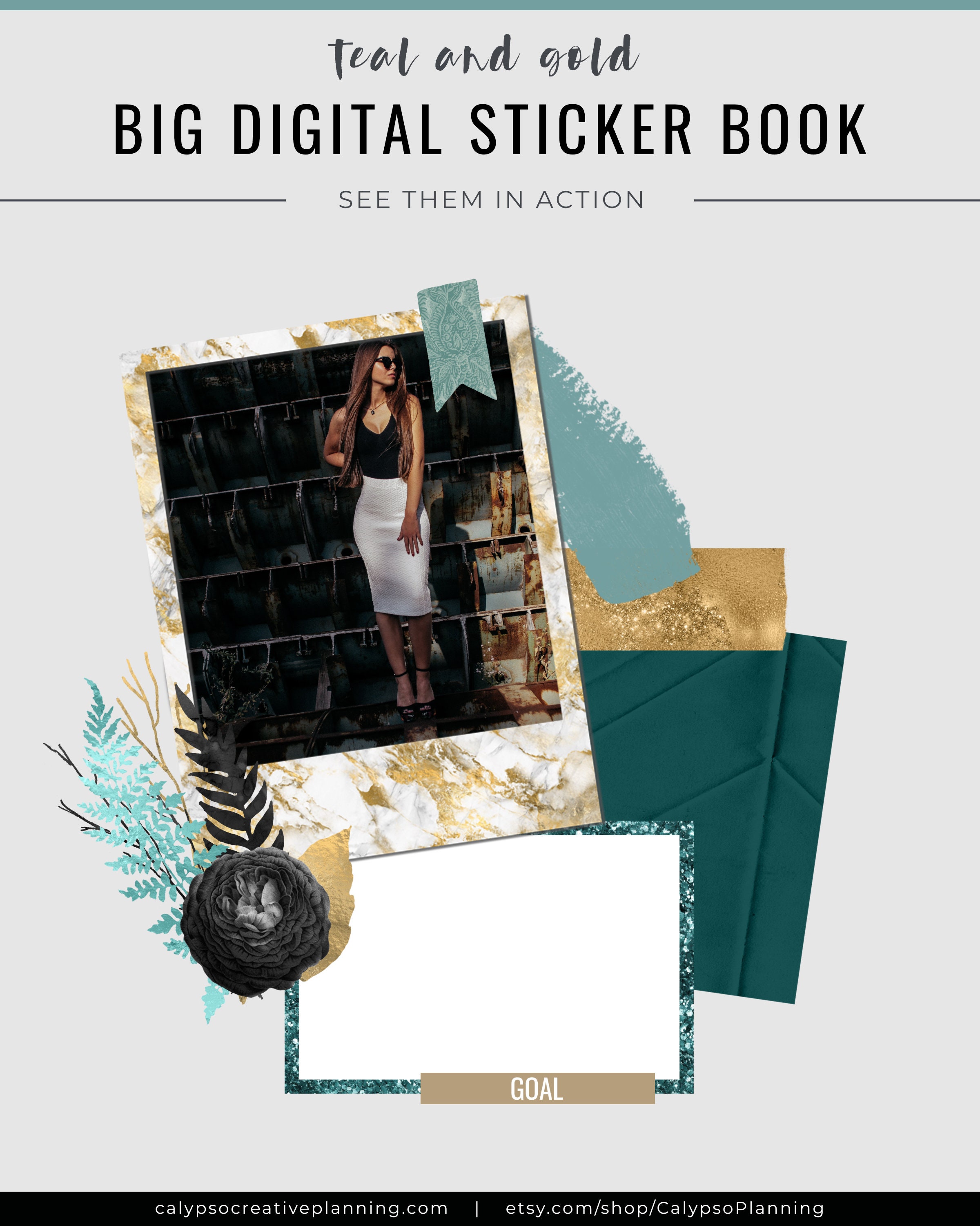 Teal and Gold BIG Digital Sticker Book / Digital Planner Stickers ...