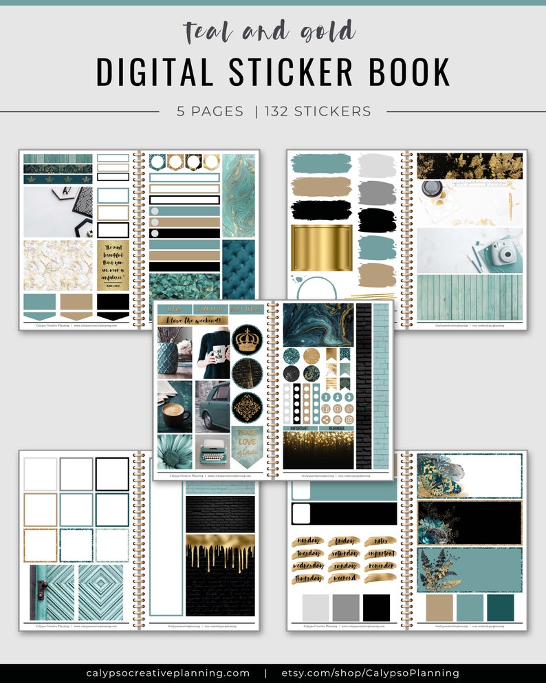Teal and Gold Digital Sticker Book / Goodnotes Stickers / - Etsy