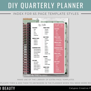 May include: A pink and green index page for a DIY quarterly planner. The index lists 65 different page templates, including "The Basics", "Weekly Pages", "Daily Pages", "Monthly Pages", "Yearly Pages", "Dashboard Pages", "Life Pages", "Tracking", and "Bonus Pages".