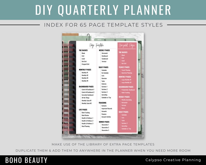 May include: A pink and green index page for a DIY quarterly planner. The index lists 65 different page templates, including "The Basics", "Weekly Pages", "Daily Pages", "Monthly Pages", "Yearly Pages", "Dashboard Pages", "Life Pages", "Tracking", and "Bonus Pages".