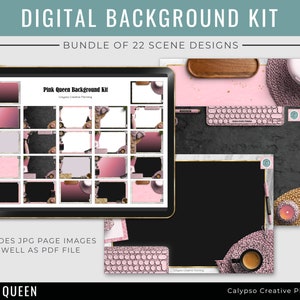 May include: A digital background kit with 22 scene designs featuring a pink and black color scheme. The kit includes a variety of backgrounds with different textures and patterns, such as marble, wood, and fabric. The kit also includes a variety of props, such as a keyboard, a coffee cup, and a plant. The kit is perfect for creating professional-looking social media posts, blog graphics, and other digital content.