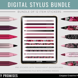 May include: A digital stylus bundle with 12 different designs featuring pink peonies, black and white polka dots, and damask patterns. The designs are displayed on a tablet screen and on individual styluses. The text "DIGITAL STYLUS BUNDLE" and "BUNDLE OF 12 ITEM STICKERS" is displayed at the top of the image. The text "PNG STICKERS WITH TRANSPARENT BACKGROUNDS" and "GOODNOTES FILE WITH CROPPED IMAGES" is displayed at the bottom of the image.