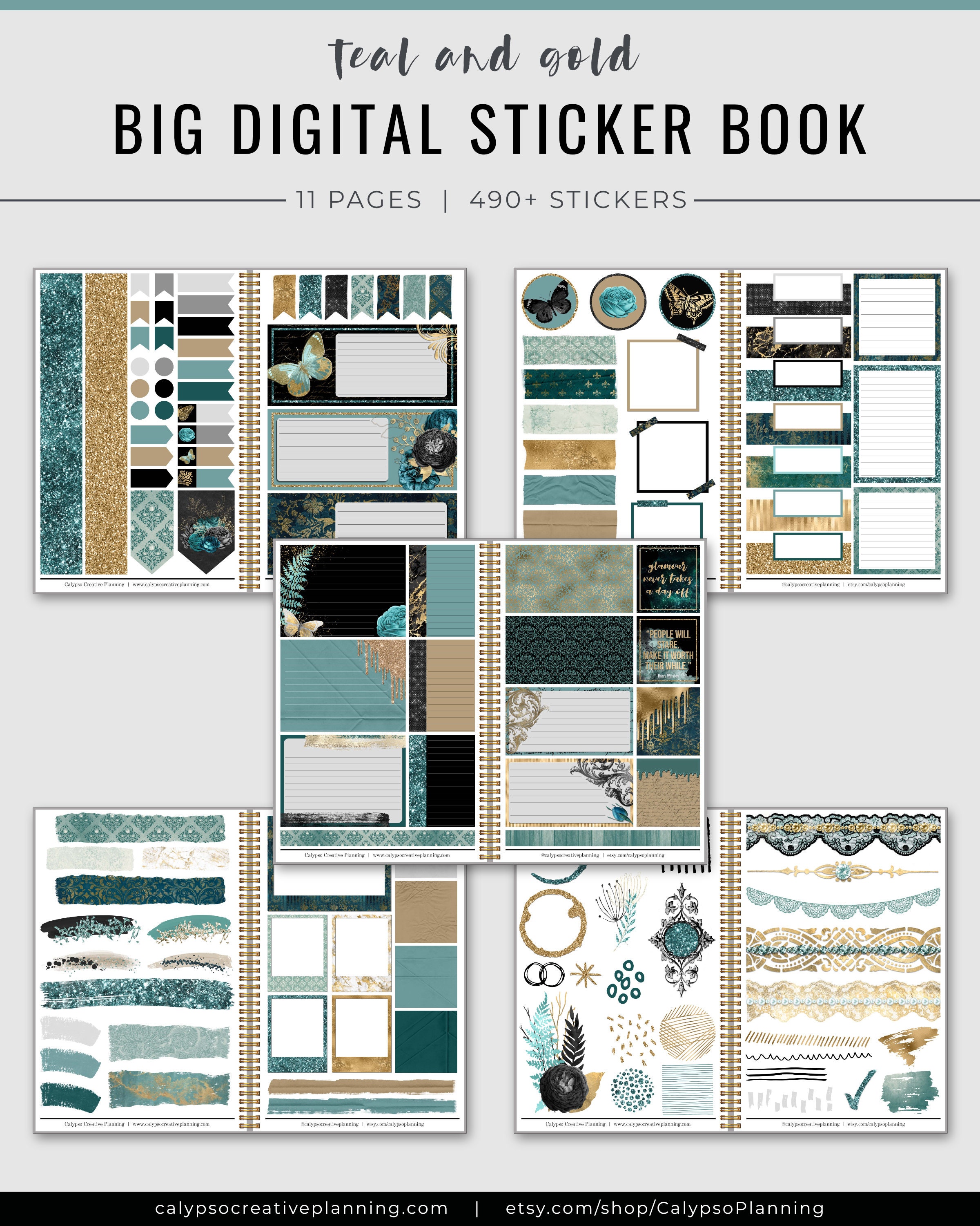 Teal and Gold BIG Digital Sticker Book / Digital Planner Stickers ...