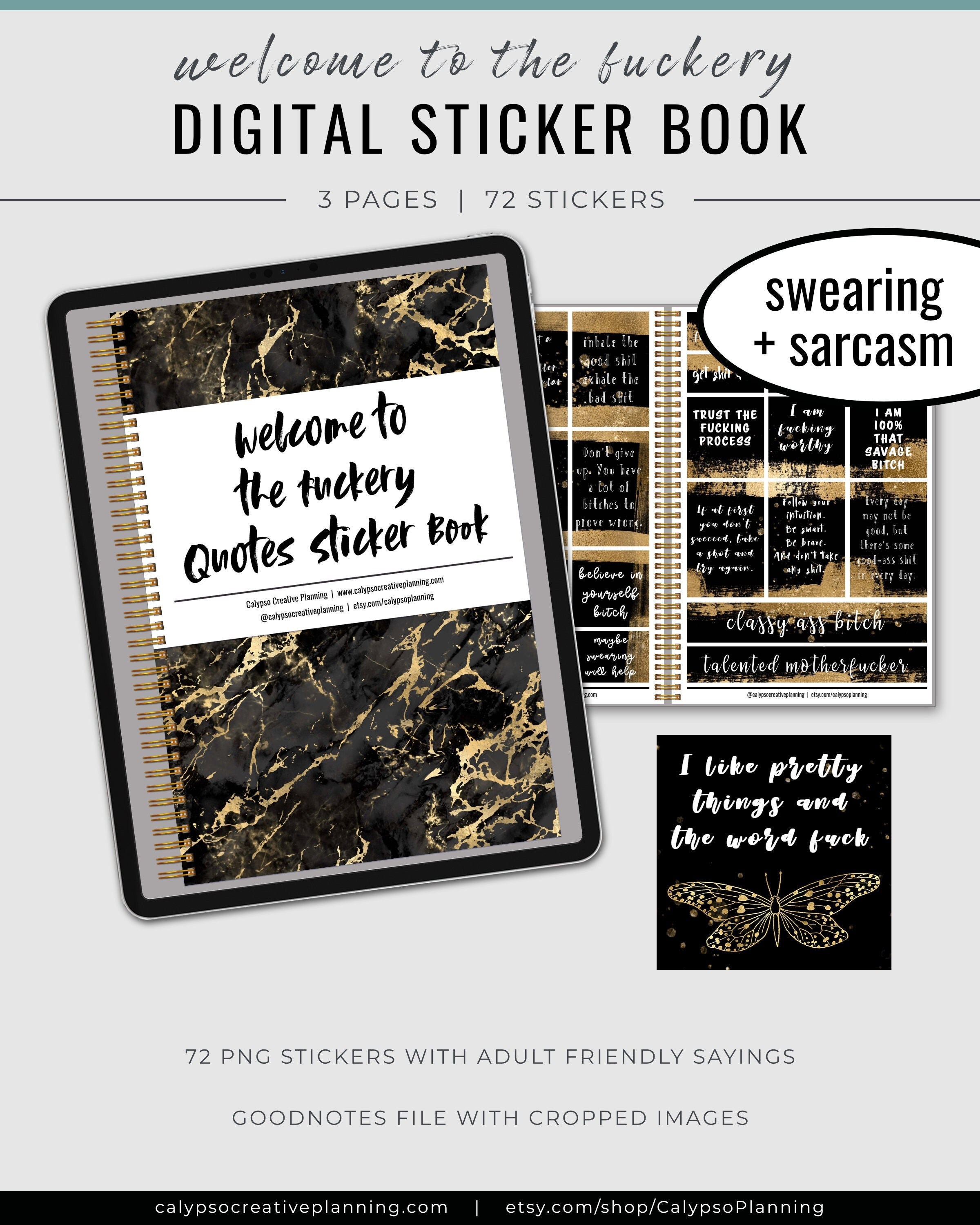 Black & Gold Welcome to the Fuckery Quotes Sticker Book / Digital Stickers  / Swearing and Sarcasm / Swearing Stickers / Quote Stickers 