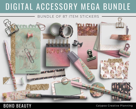 Assorted planner accessories including stickers, washi tape, and pens