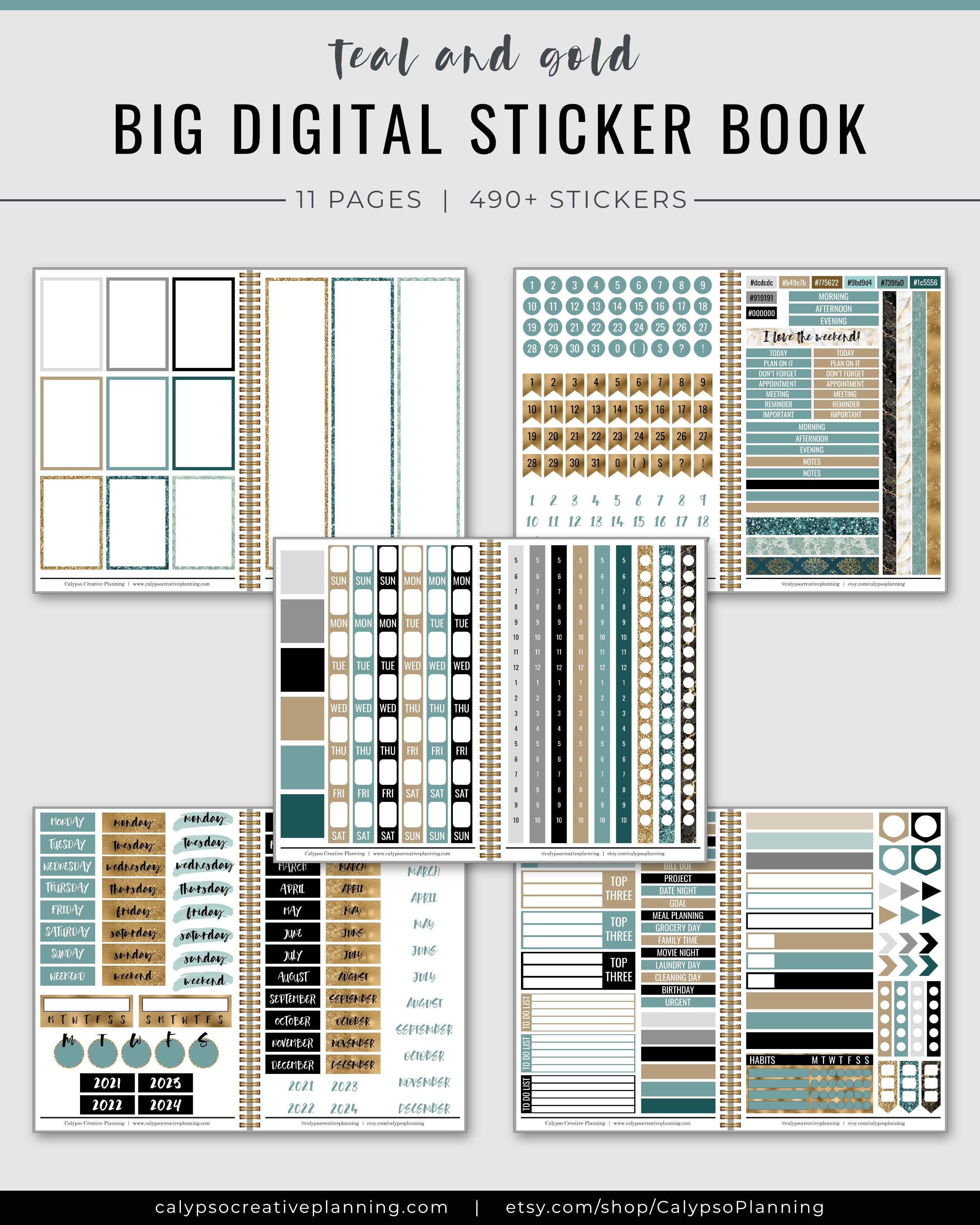 Teal and Gold BIG Digital Sticker Book / Digital Planner Stickers ...