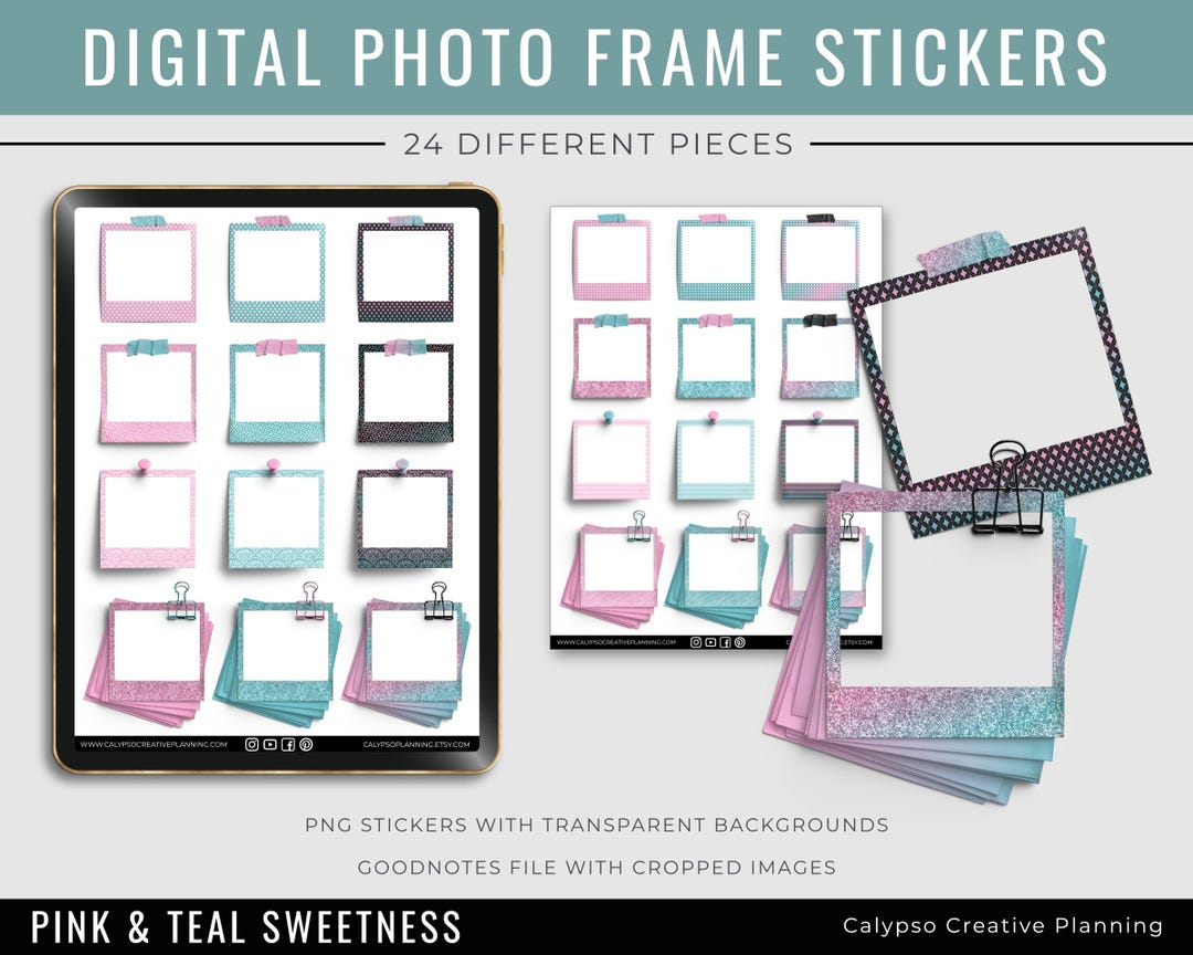 Pink Frame Sticker Pink & Teal Sweetness Photo Frames Sticker Kit / Digital Sticker Kit ...