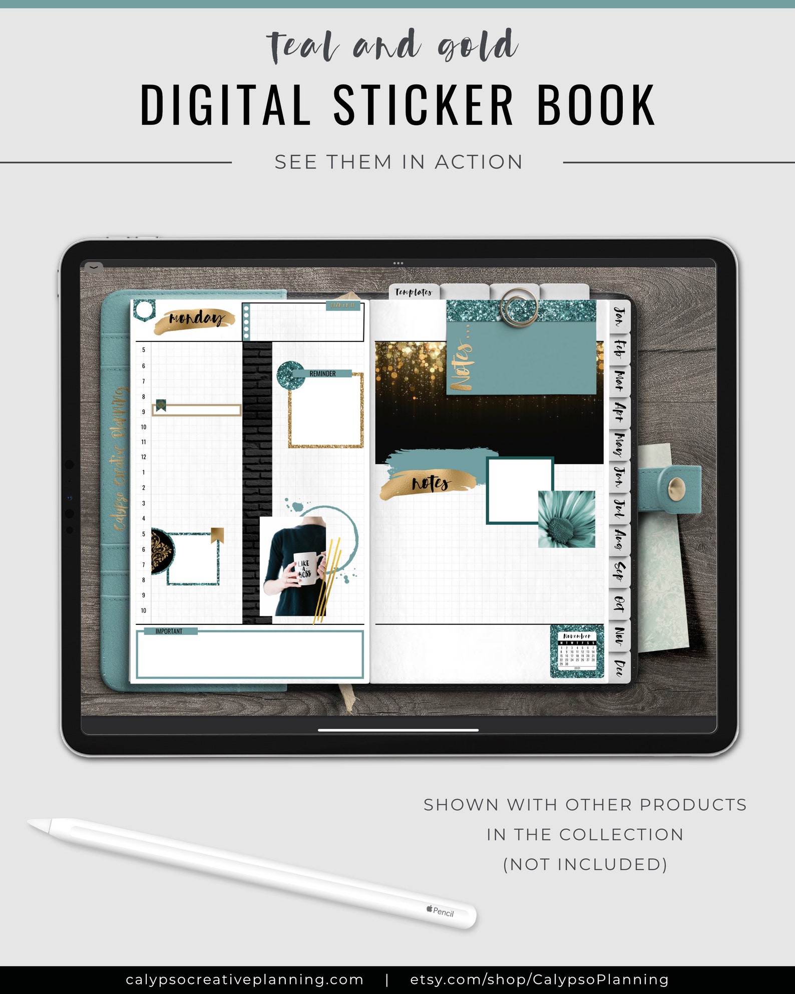 Teal and Gold Digital Sticker Book / Goodnotes Stickers / - Etsy