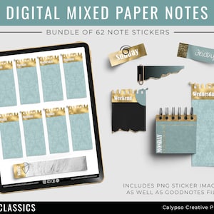 Puede incluir: Un conjunto de pegatinas digitales para planificador con 62 pegatinas de notas en una variedad de estilos. Las pegatinas presentan un esquema de color azul y dorado con una textura de mármol. Las pegatinas incluyen días de la semana, "Fin de semana" y "Notas".