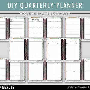 May include: A set of printable planner pages with different layouts for a DIY quarterly planner. The pages are designed with a minimalist aesthetic and feature a marble background with a green and pink floral pattern.
