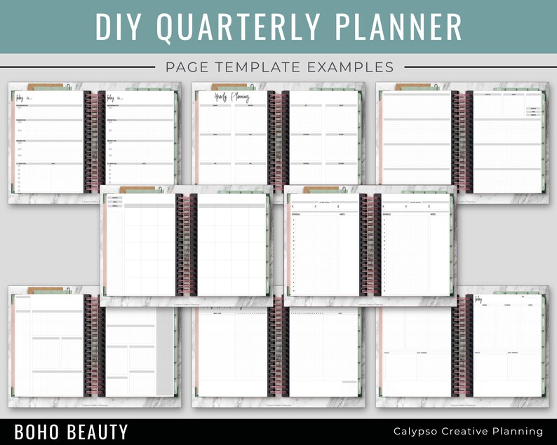 May include: A set of printable planner pages with different layouts for a DIY quarterly planner. The pages are designed with a minimalist aesthetic and feature a marble background with a green and pink floral pattern.