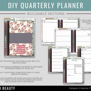 May include: A DIY quarterly planner with buildable sections. The planner features a variety of page templates, including monthly calendars, weekly spreads, and note pages. The planner is designed to be customizable and can be used to organize different areas of life. The planner has a boho aesthetic with a feather pattern and a pink and green color scheme.