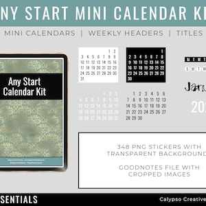 Any Start Mini Calendar Kit / GoodNotes Stickers / Digital Stickers / Calendar Stickers / Functional Stickers