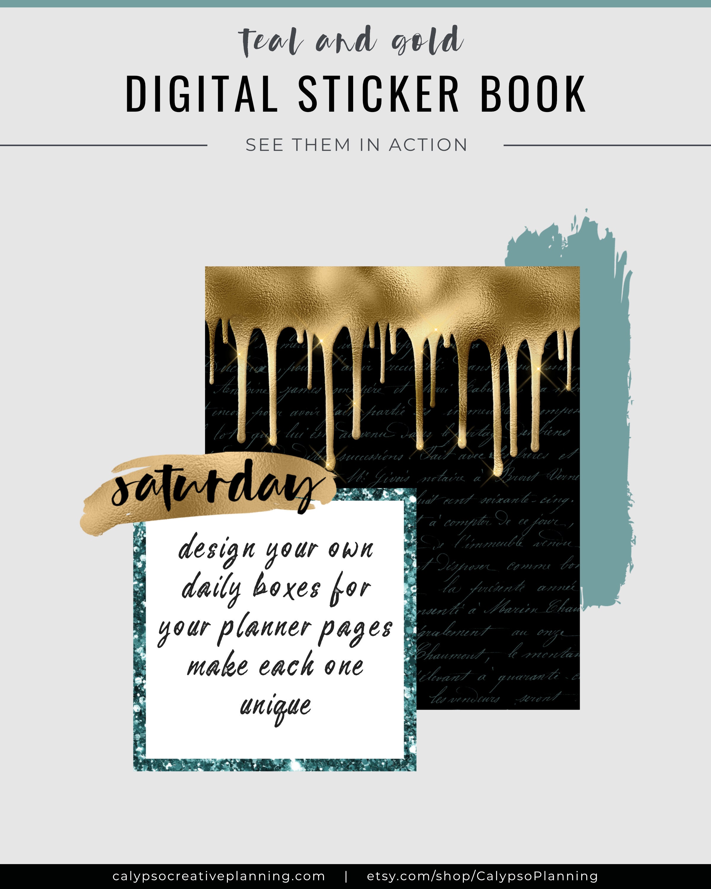 Teal and Gold Digital Sticker Book / Goodnotes Stickers / - Etsy