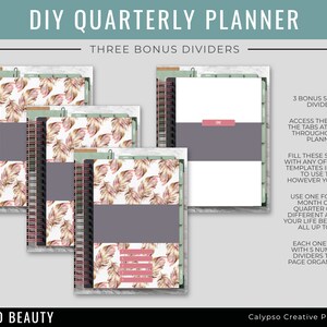 May include: DIY Quarterly Planner with three bonus section dividers. The dividers feature a boho style design with a white background and a pattern of pink and brown feathers. The text "BOHO BEAUTY" is at the bottom of the image.