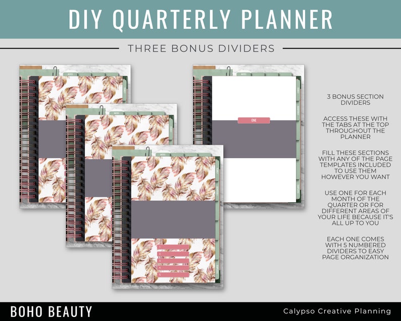 May include: DIY Quarterly Planner with three bonus section dividers. The dividers feature a boho style design with a white background and a pattern of pink and brown feathers. The text "BOHO BEAUTY" is at the bottom of the image.