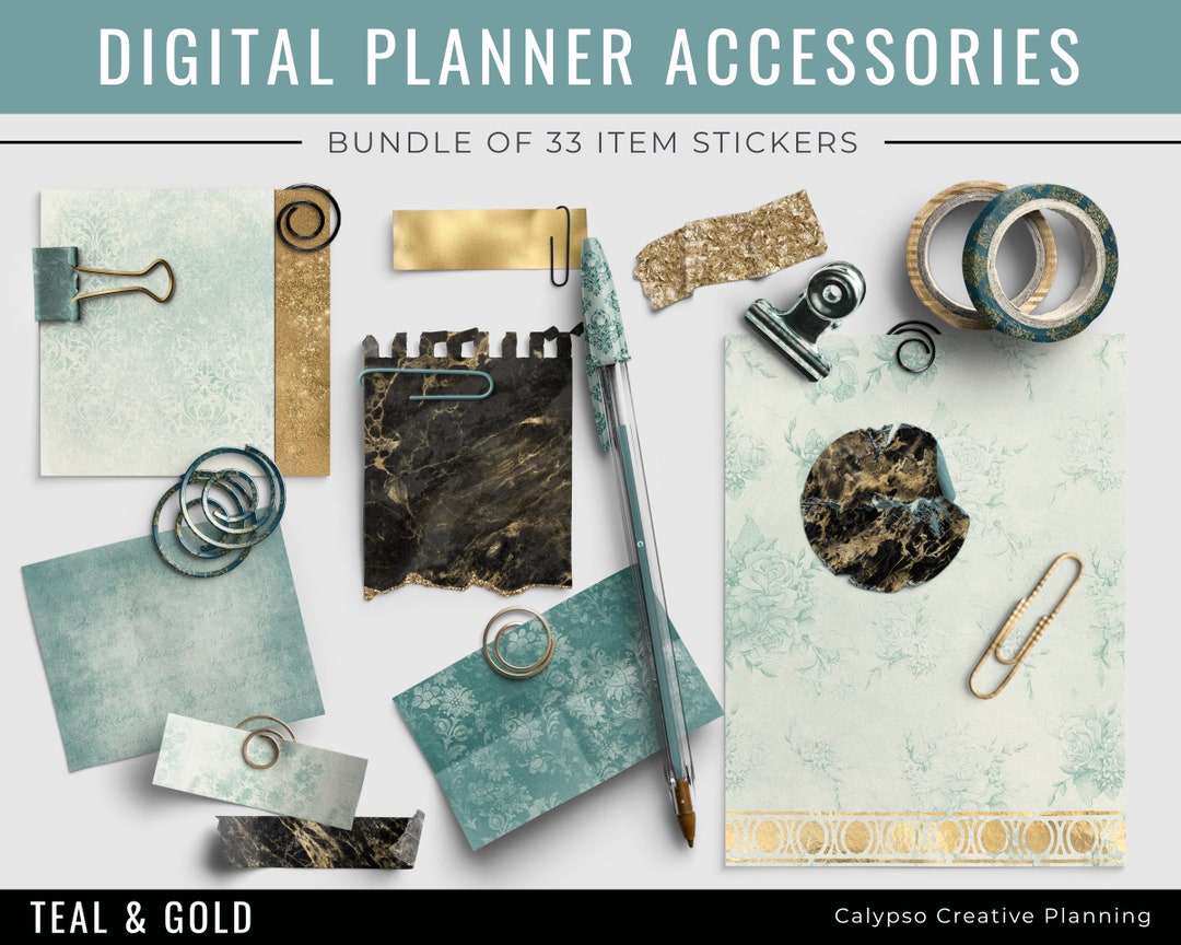 Teal and Gold Digital Planner Accessories / Digital Washi Tape ...
