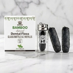 Hilo dental Boonboo / Botella de vidrio + 3 hilos / Total 90 m / Fibra tejida de carbón de bambú