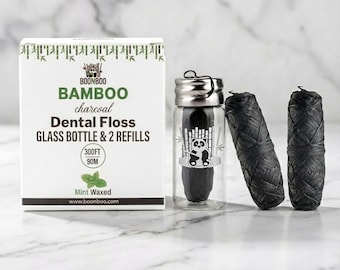 Hilo dental Boonboo / Botella de vidrio + 3 hilos / Total 90 m / Fibra tejida de carbón de bambú