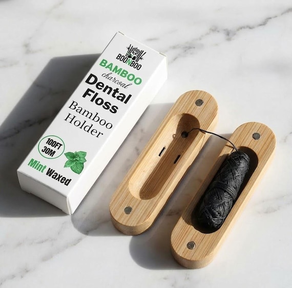 Dental Floss, Charcoal Woven Thread, Bamboo Holder or Refill Heads, Mint Flavor
