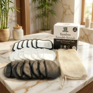 Bamboo Reusable Makeup Removal Pads: 18-Pack with Laundry Bag
