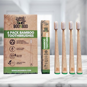 BOONBOO Toothbrushes | 4 Pack Bamboo Toothbrushes | Self Standing | Sustainable & Biodegradable | Environmentally Friendly